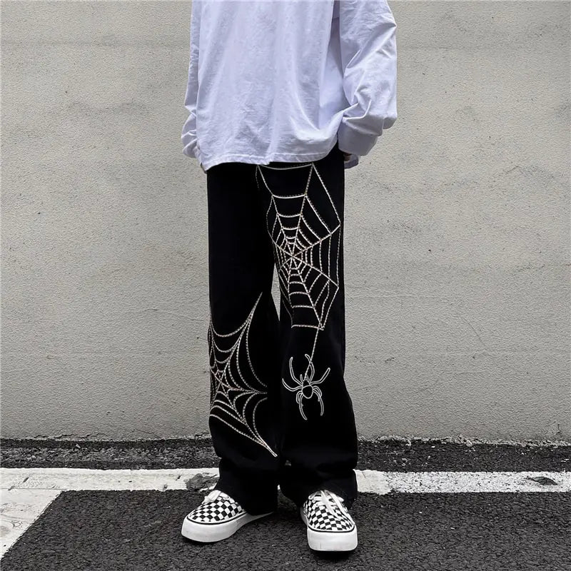 Boys and Men's Black Streetwear Spider Web Pants - # BOAA13410013