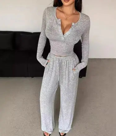 Long-sleeved Button-up And Trousers Two-piece Suit - # GIAA23310005