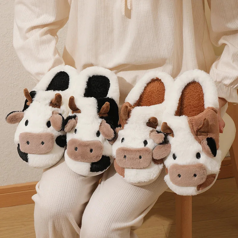 Winter Unisex Cute Cartoon Cow Warm Plush Slippers - # GIAA73610003