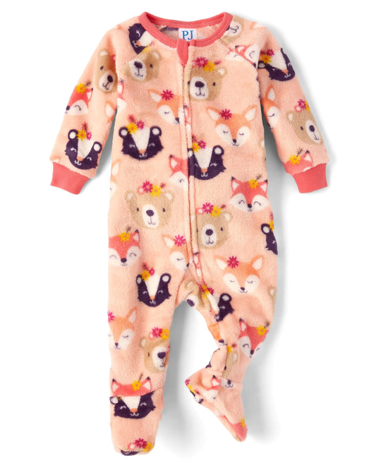 The Childrens Place Baby Girls and Toddler Fleece Zip-Front One Piece Footed Pajama Peach Critters - # BAAA81810003