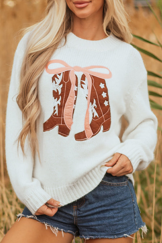 Western Bow Boots Embroidered Drop Shoulder Sweater