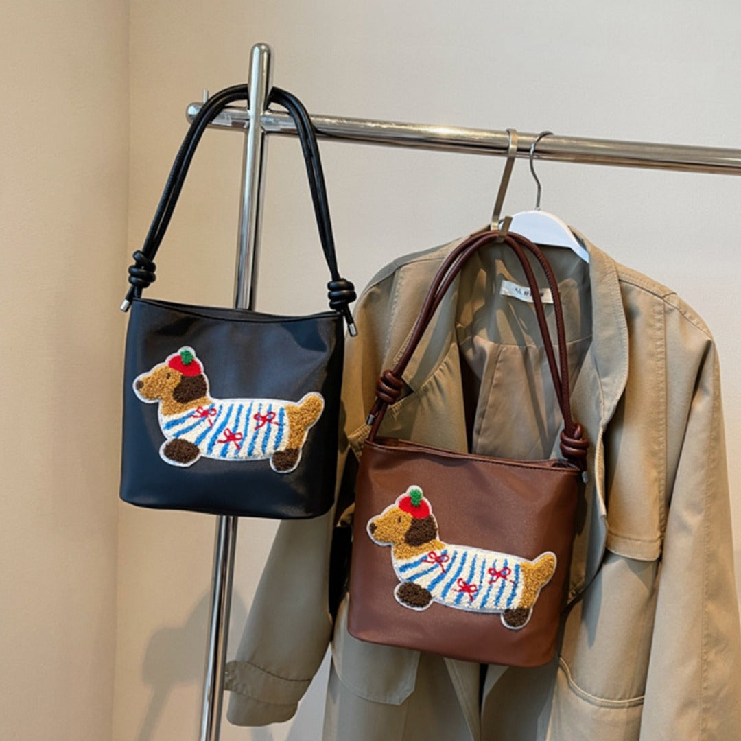 Adorable Cute Puppy Pattern Canvas Bag - Fashionable Bucket Style Shoulder Bag for Students & Women Hobo