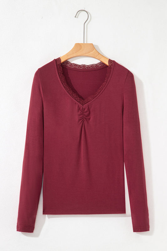 Lace Trim Ruched V-Neck Long Sleeve Top