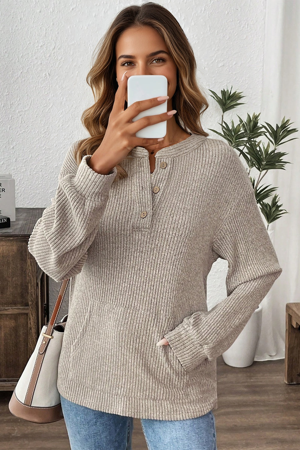 Solid Ribbed Knit Drop Shoulder Henley Top