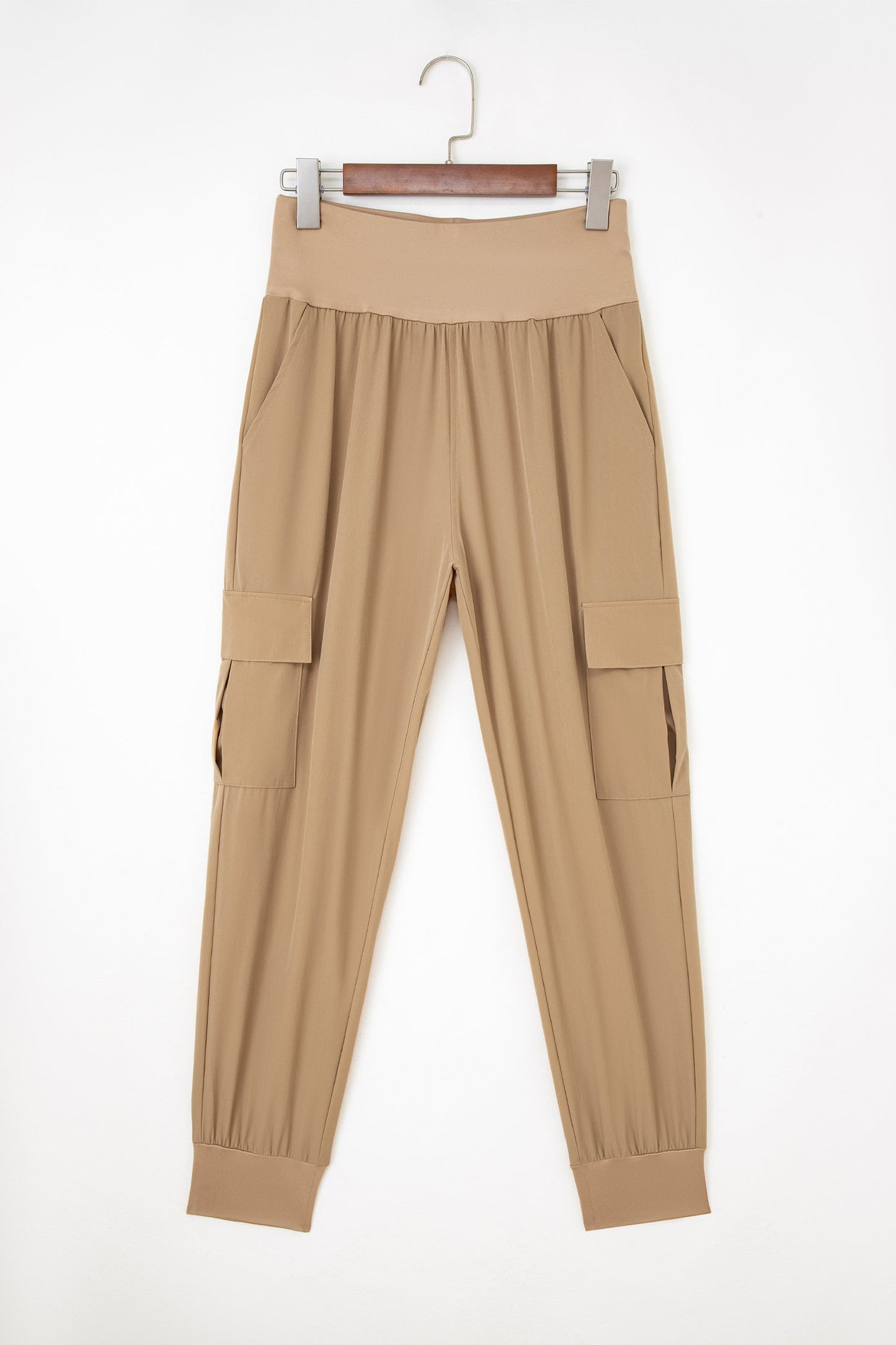 Solid Elastic High Waist Pocketed Cargo Jogger Pants