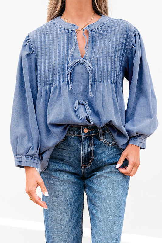 Solid Denim Pleated Bow Tie Puff Sleeve Top