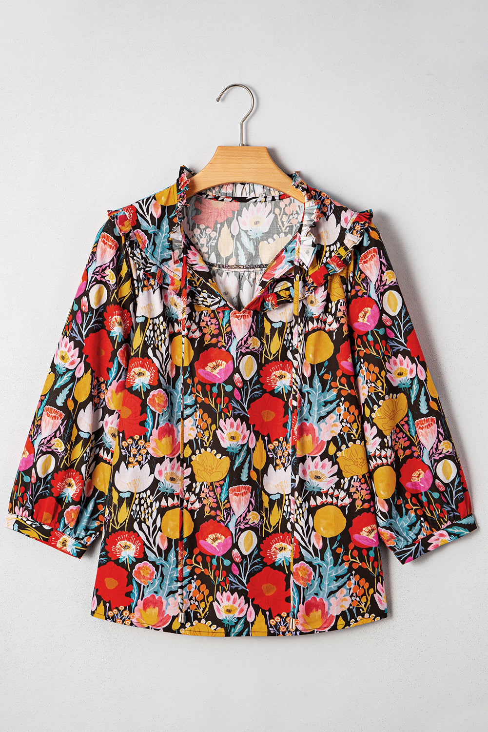 Floral 3/4 Puff Sleeve Tied Neck Blouse
