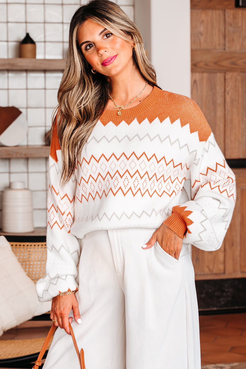 Geometric Zigzag Stripe Crewneck Pullover Sweater