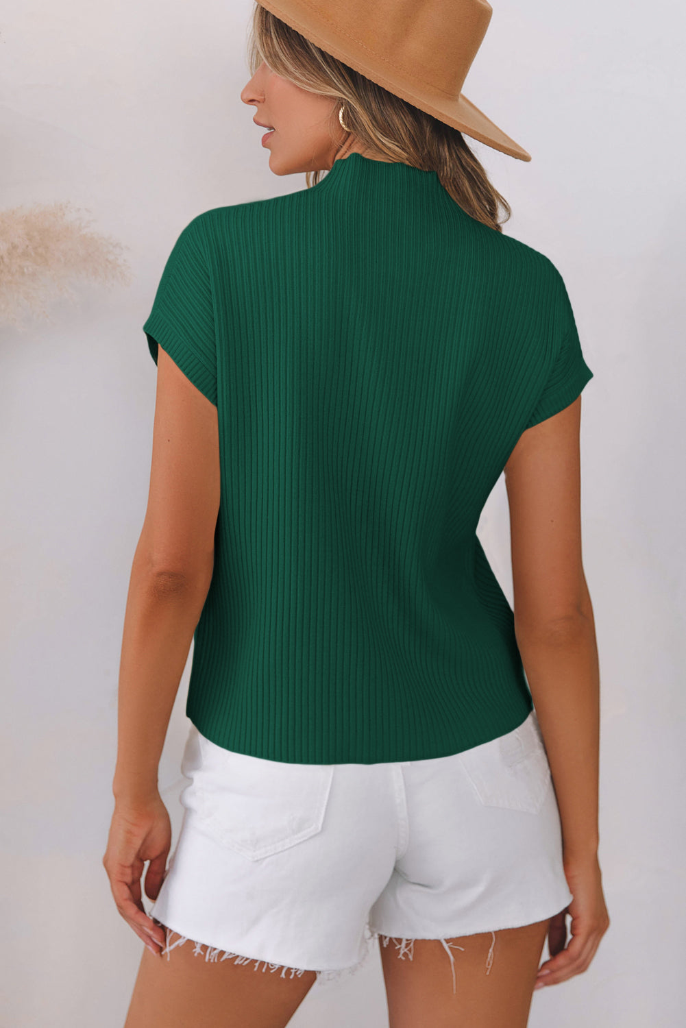 Solid Ribbed Knit Patch Pocket Short Sleeve Sweater