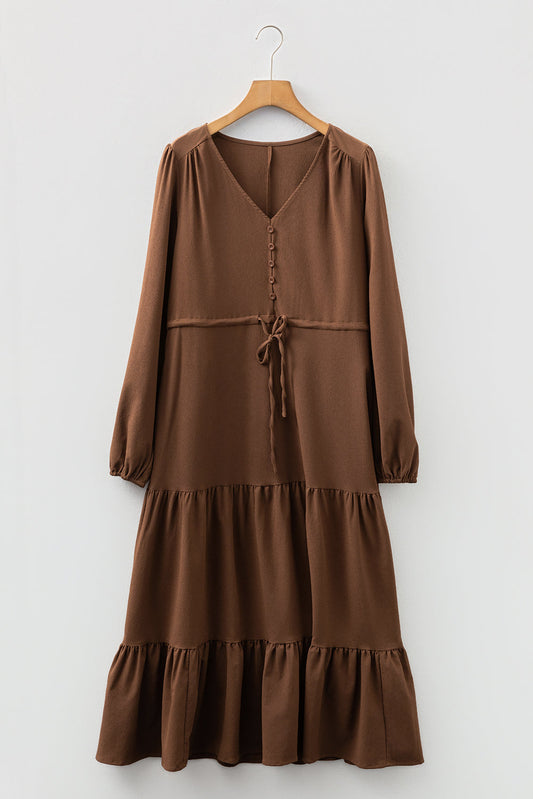 Solid Buttoned V-Neck Long Sleeve Tiered Maxi Dress