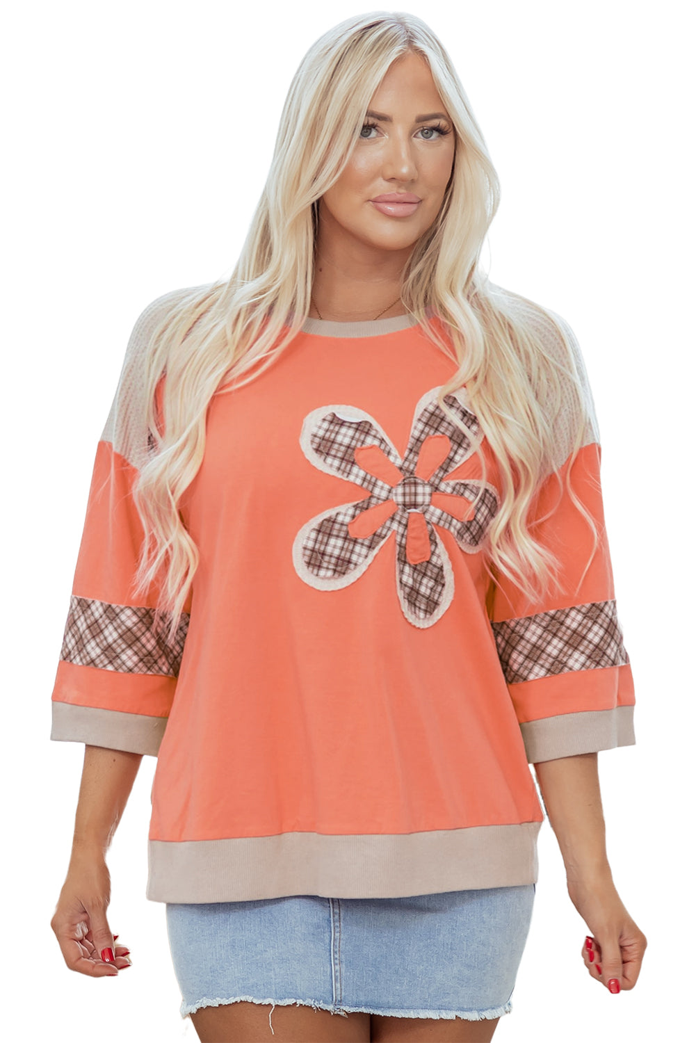 Plaid Flower Waffle Knit Patchwork 3/4 Sleeve Top
