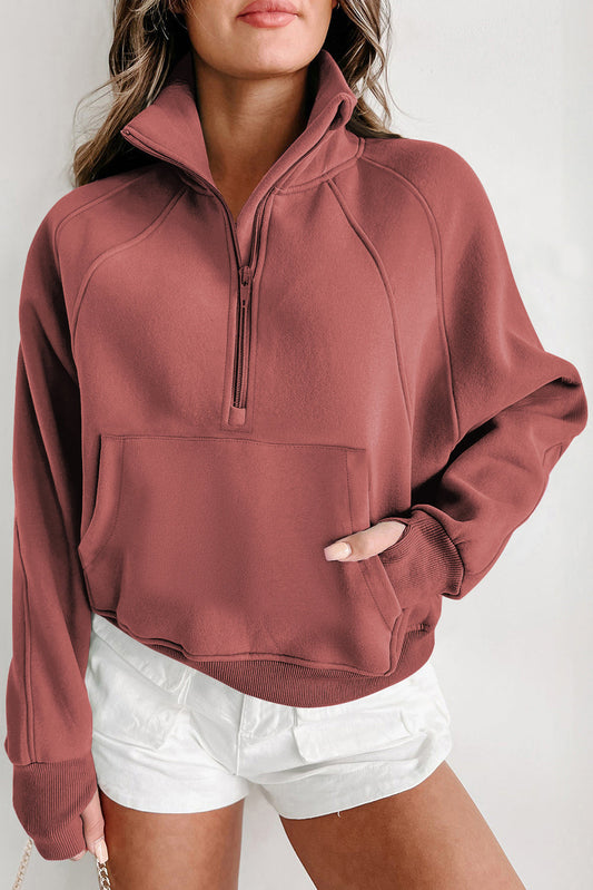 Solid Fleece-Lined Half-Zip Up Collar Sweatshirt