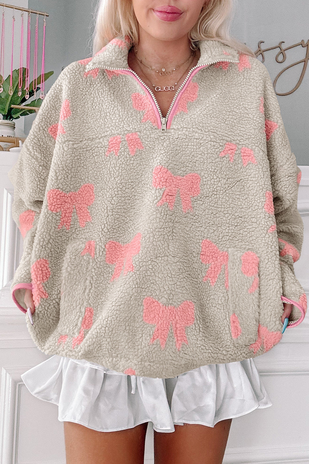 Bow Sherpa Quarter Zip Drop Shoulder Sweatshirt