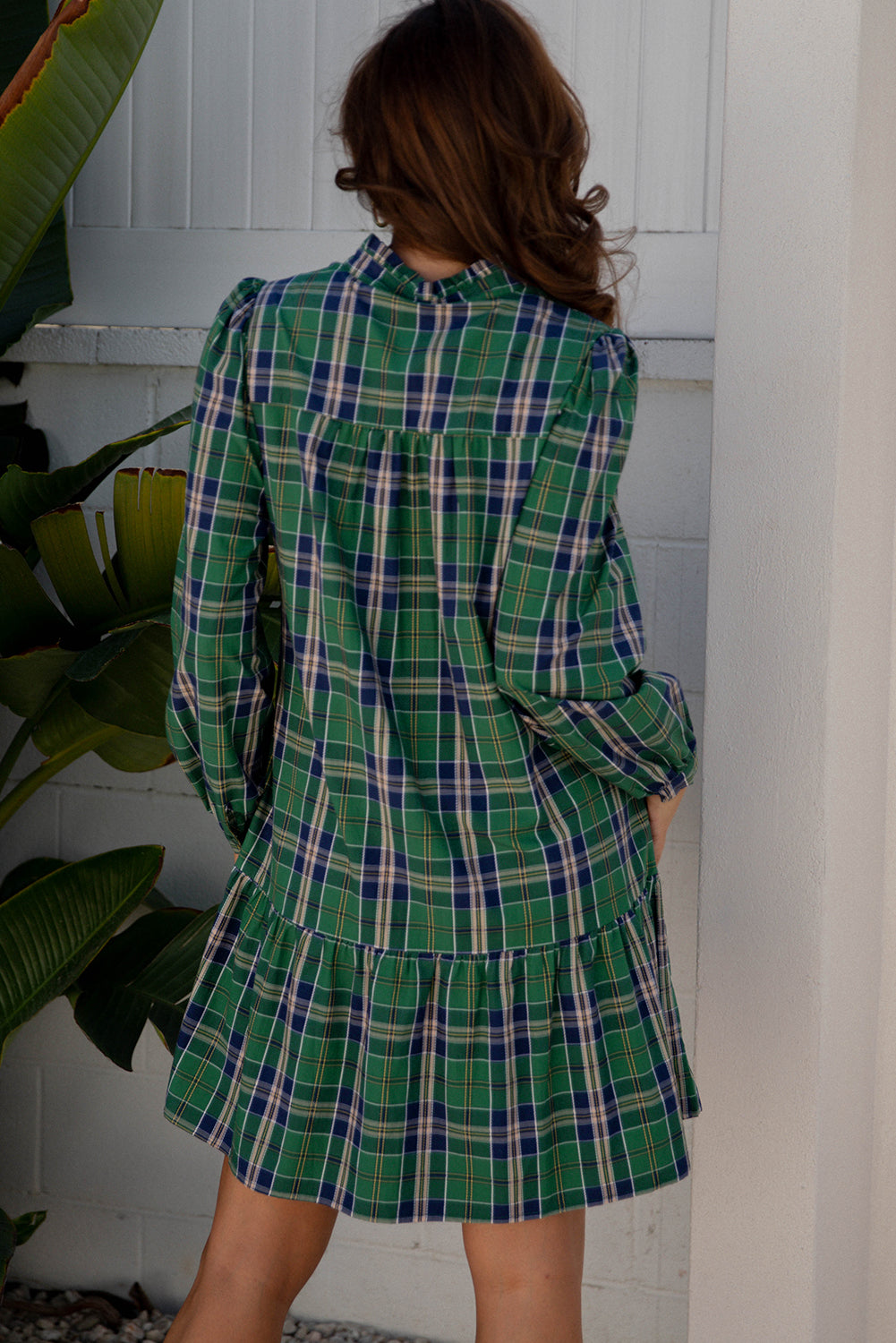 Plaid Frilled Collar Long Sleeve Mini Dress