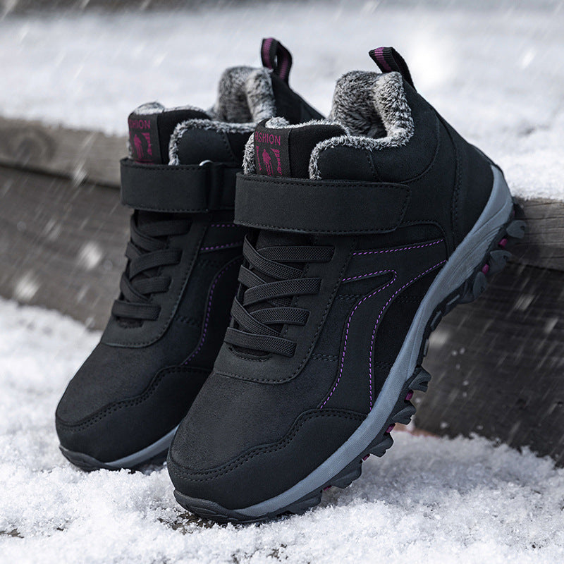 Winter fleece-lined high-top walking shoes for men and women.