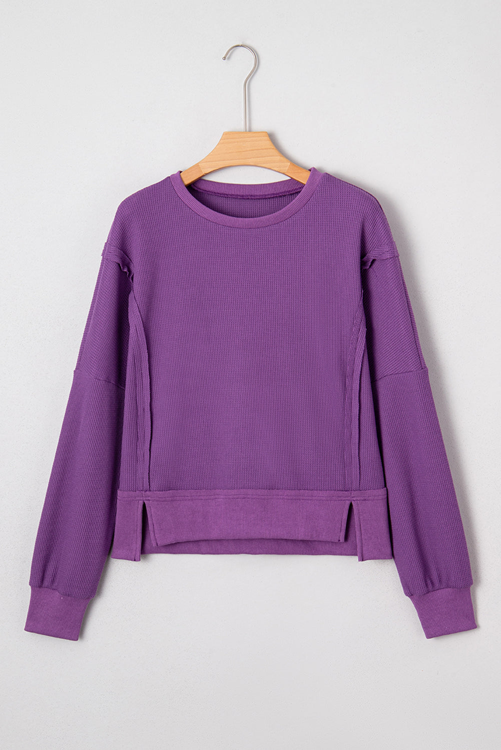 Solid Ribbed Raw Seam Patchwork Drop Shoulder Sweatshirt