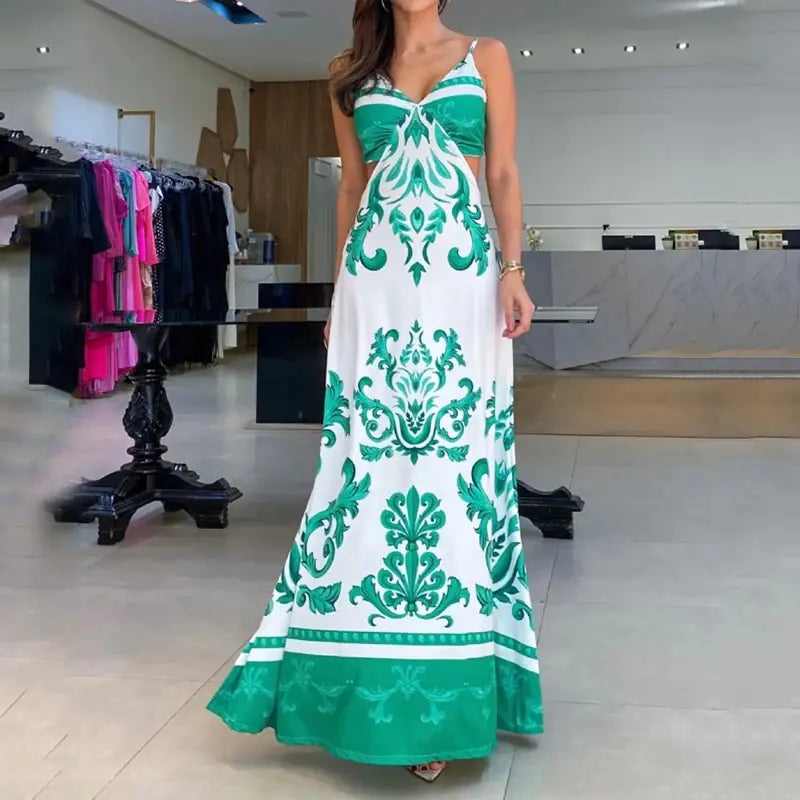 Stylish Printed Backless Vacation Dress - # WOAA211410003-PRG