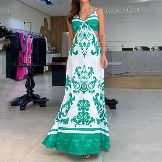 Stylish Printed Backless Vacation Dress - # WOAA211410003-PRG