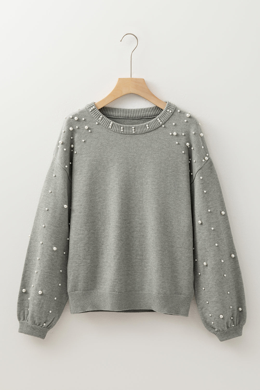 Solid Pearl Drop Shoulder Round Neck Sweater