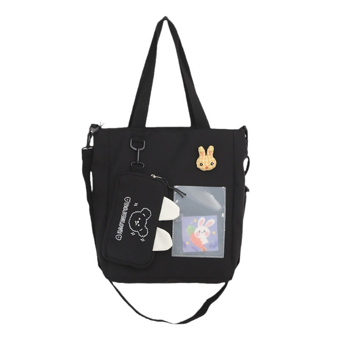 Cartoon canvas bag cute, bunny pendant tote bag, self-contained small bag student shoulder bag