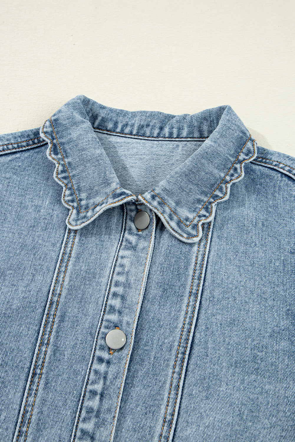 Solid Denim Scallop Collar Patch Pocket Buttoned Jacket