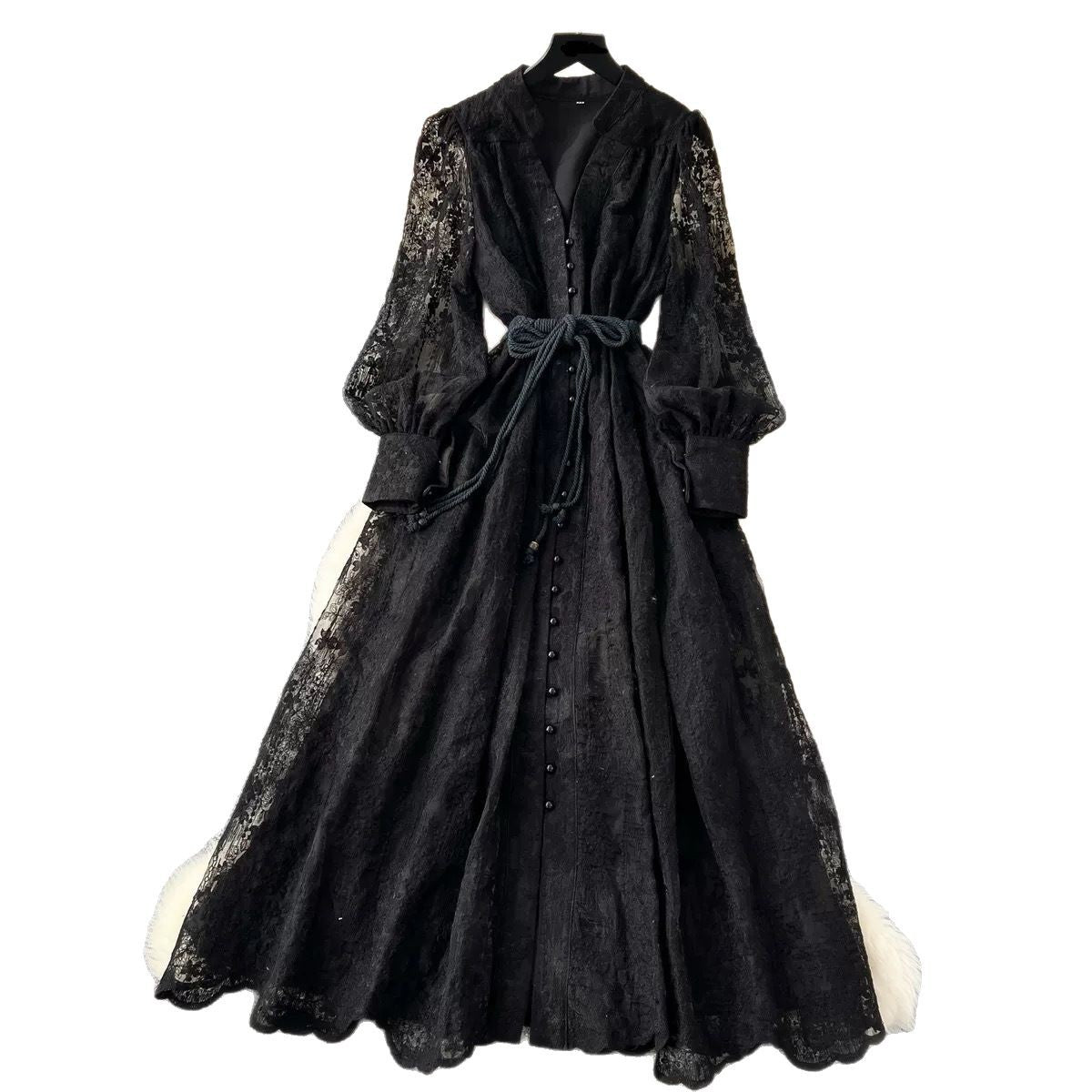 French Embroidered V-Neck Lantern Sleeve Dress