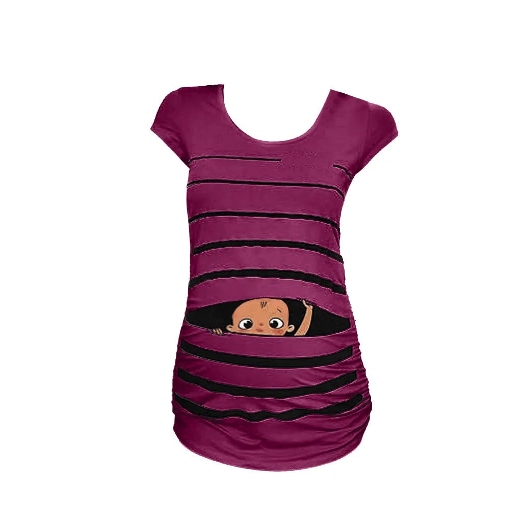 Sweet Cartoon Striped Maternity Summer T-shirt - # WOAA21510010-PRG