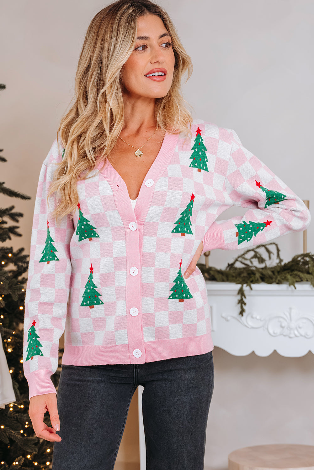 Checker Christmas Tree Buttoned V-Neck Cardigan Sweater
