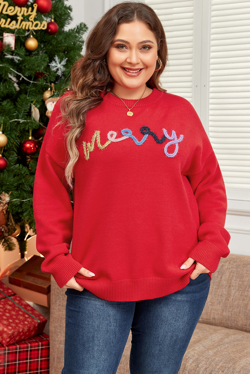 Plus Size Christmas Merry Tinsel Drop Shoulder Sweater