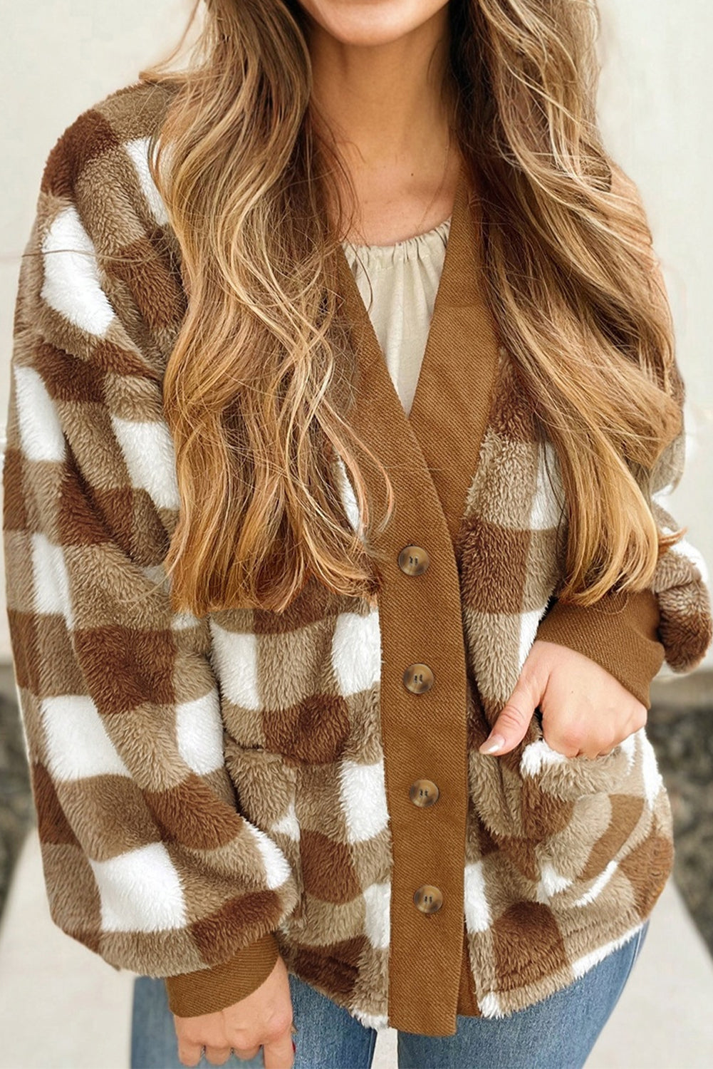 Checker Sherpa Button-Up Pocketed Cardigan