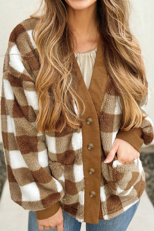 Checker Sherpa Button-Up Pocketed Cardigan