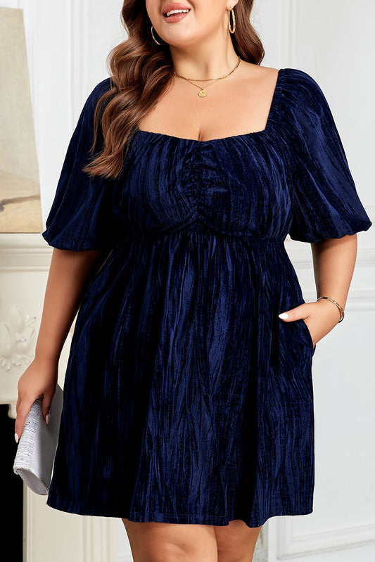 Plus Size Ruched Velvet Puff Sleeve Mini Dress