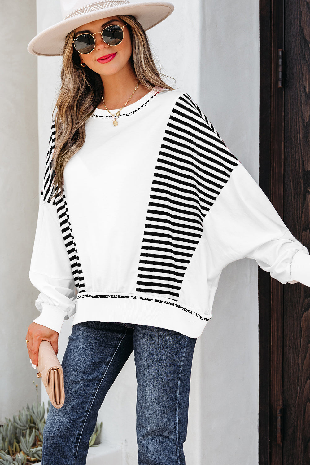 Stripe Colorblock Patchwork Contrast Stitch Sweatshirt