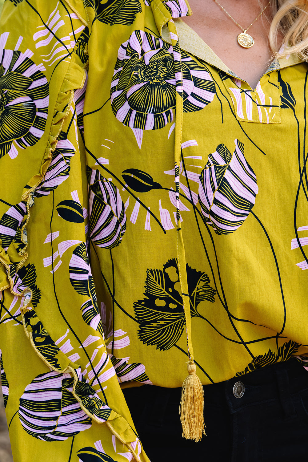 Floral V-Neck Ruffle Trim Long Sleeve Blouse