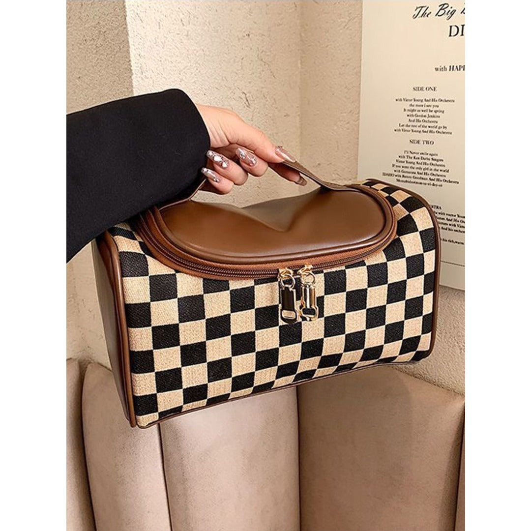 Large portable plaid cosmetic bag, large capacity toilet bag, tote zipper cosmetic storage bag, makeup bag with compartments,