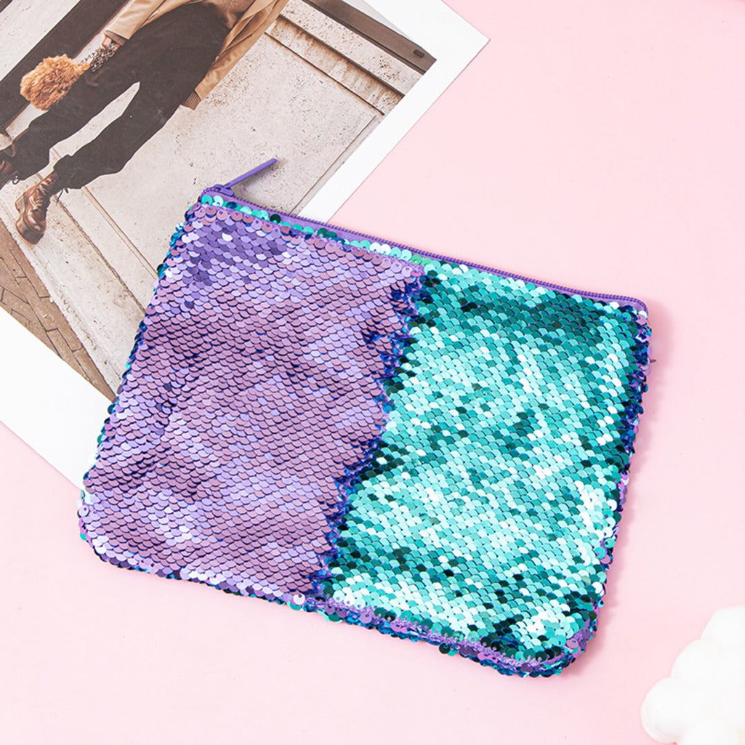 Mermaid sequined pencil case, two-color stationery storage bag, portable cosmetics change purse, small purse