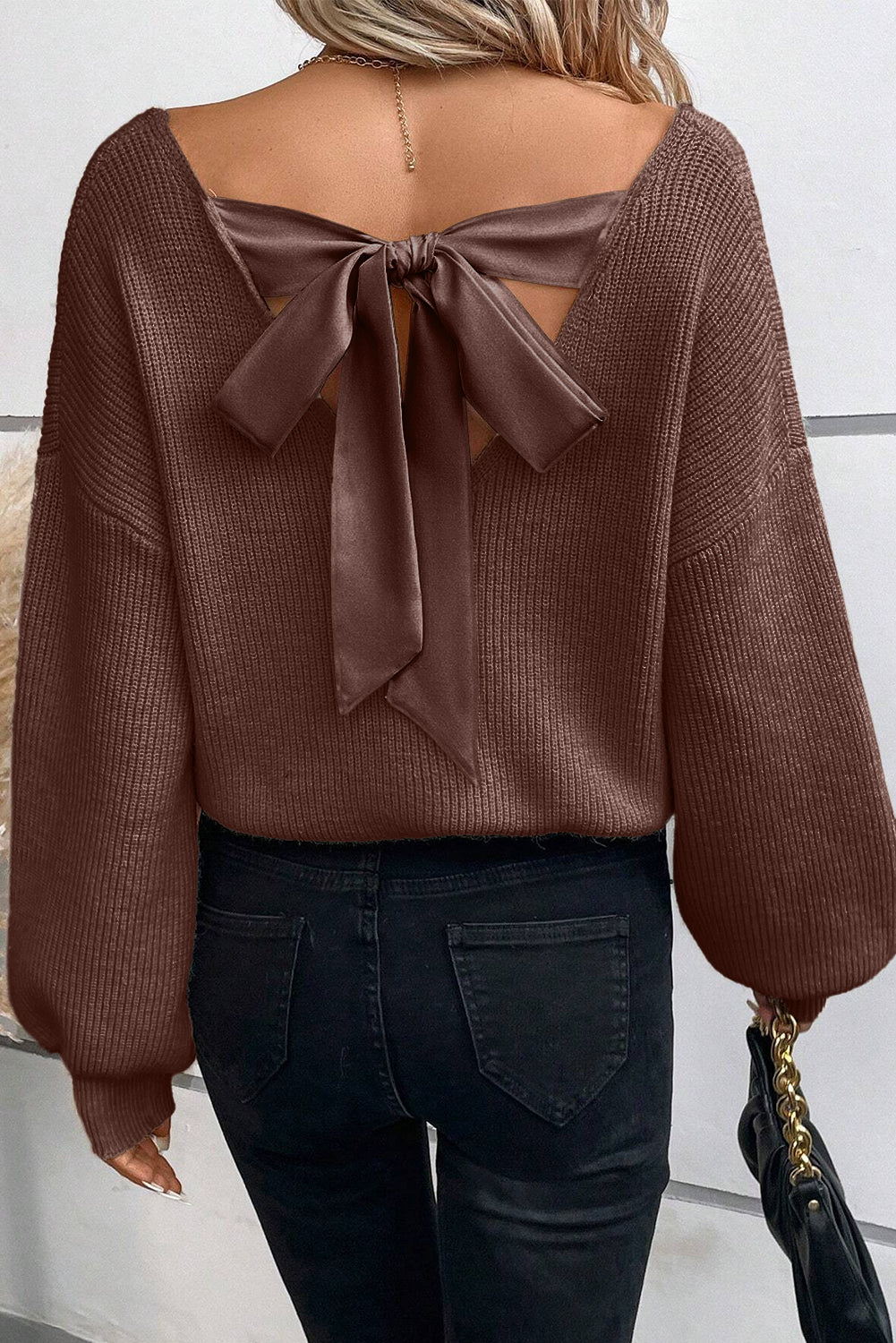 Bow Back  Lantern Sleeve V-Neck Sweater