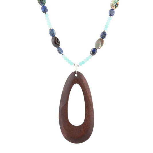 Ajo Blue Abalone and Amazonite Wood Pendant Necklace