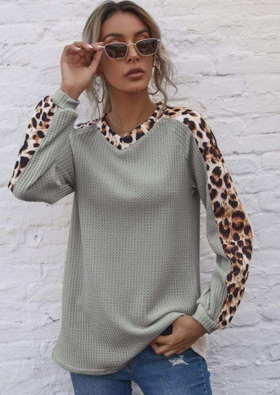Leopard Panel Waffle Knit V Neck Sweater