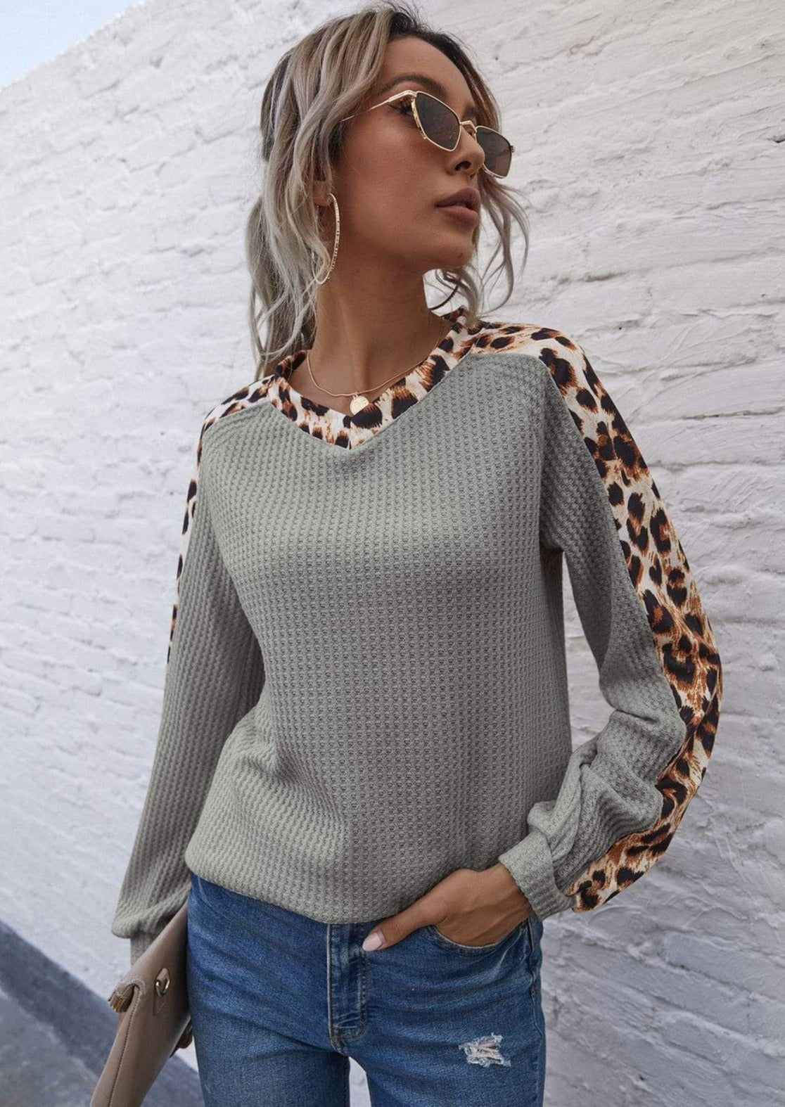 Leopard Panel Waffle Knit V Neck Sweater