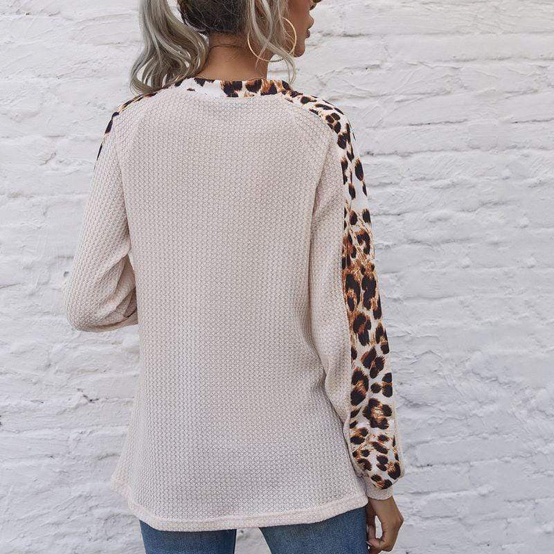 Leopard Panel Waffle Knit V Neck Sweater
