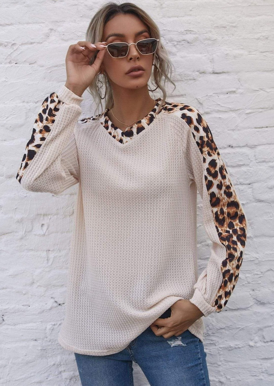 Leopard Panel Waffle Knit V Neck Sweater