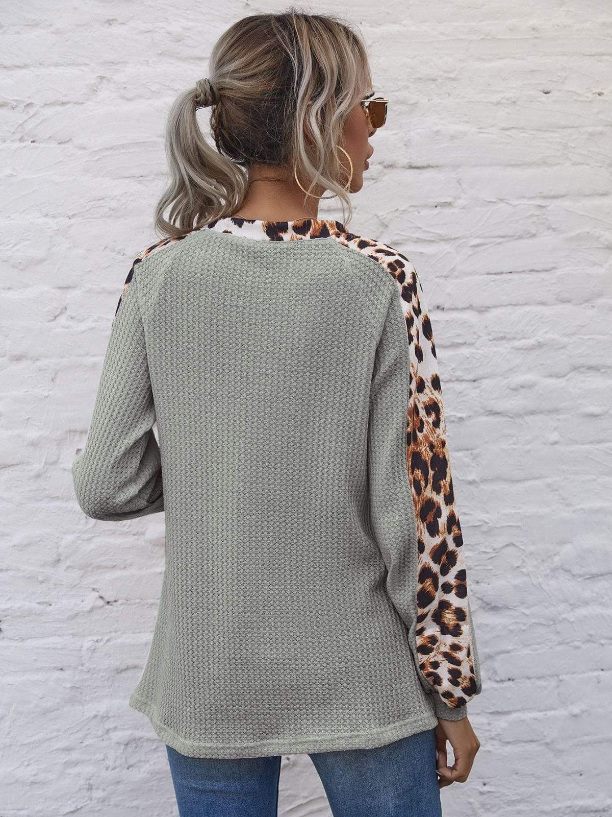 Leopard Panel Waffle Knit V Neck Sweater