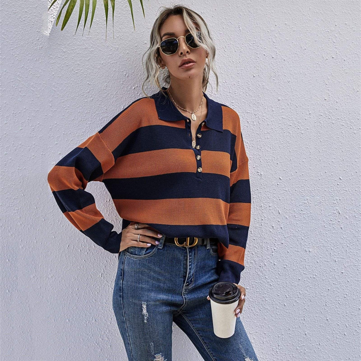 Half Placket Striped Sweater