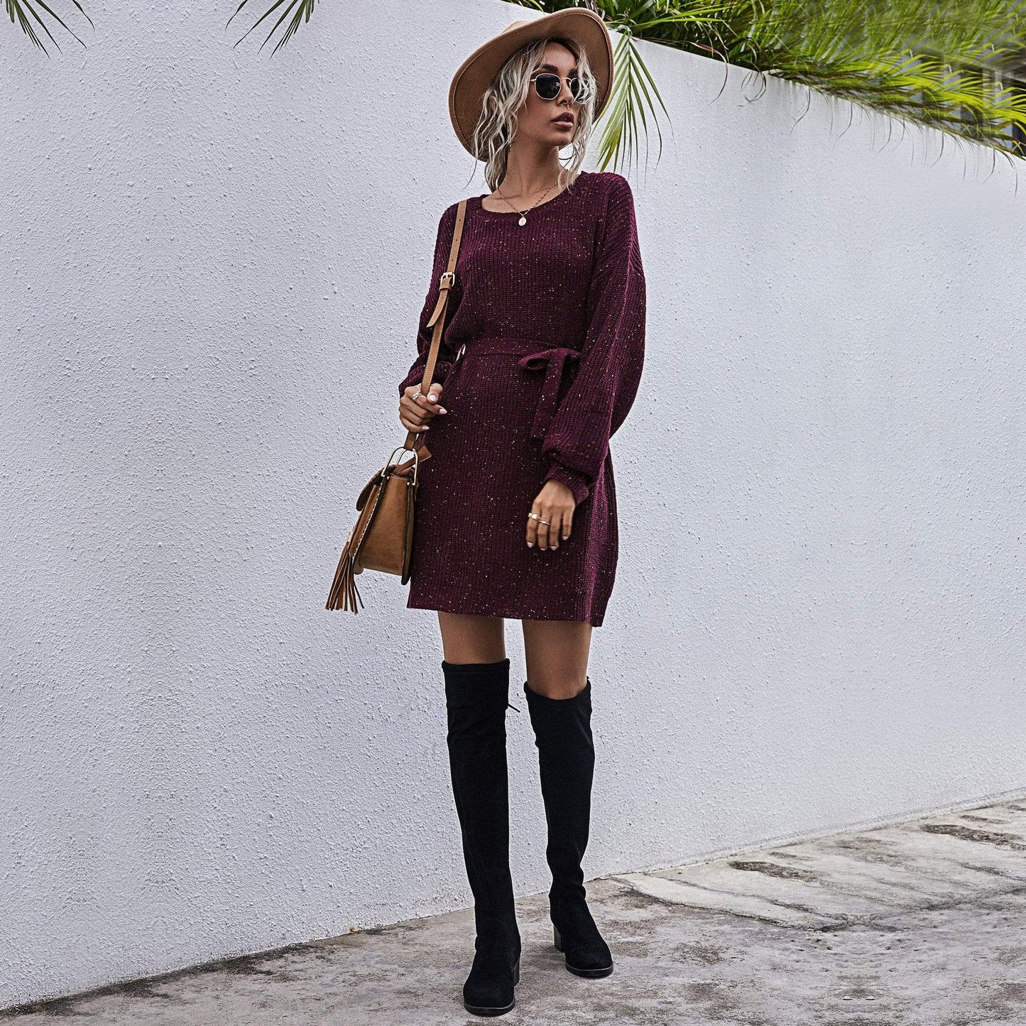 Textured Tie Waist Sweater Dress