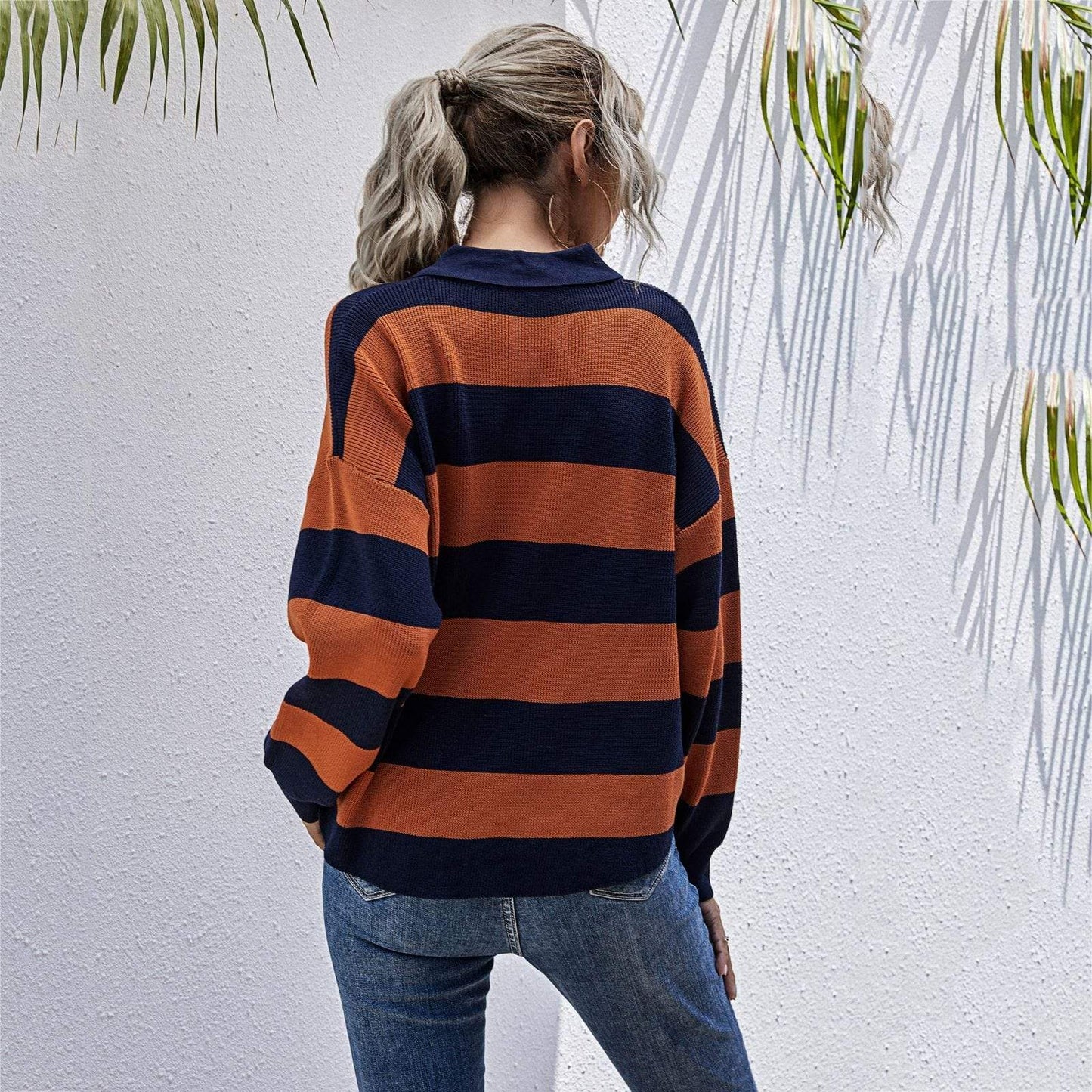 Half Placket Striped Sweater