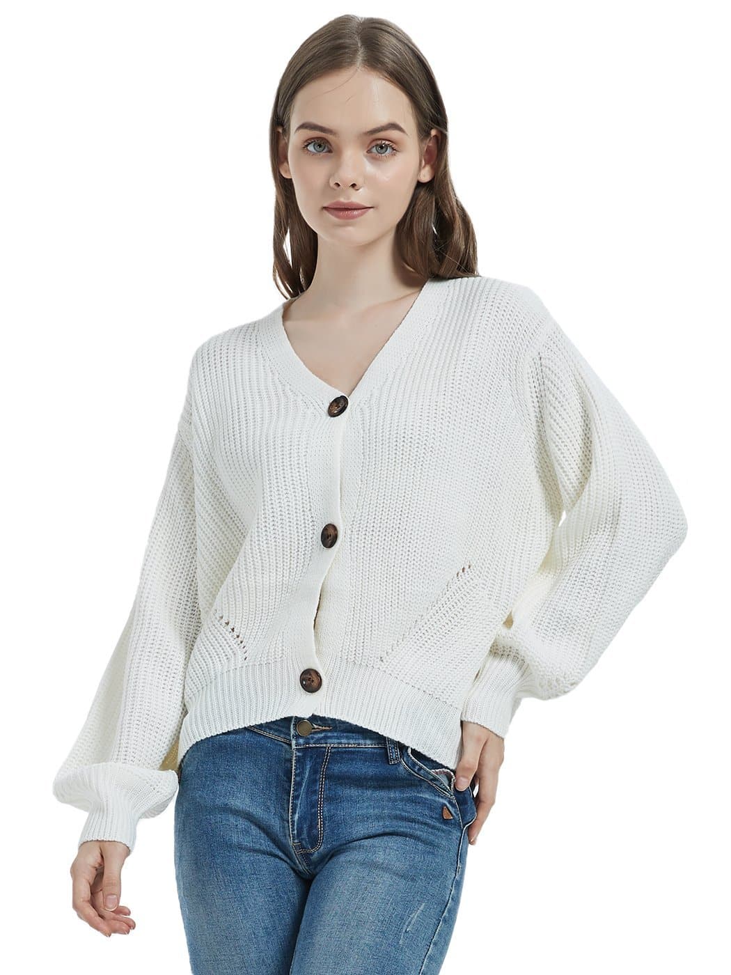 Women Lantern Sleeve Cardigan Button Down Open Front Knit Sweater Coat