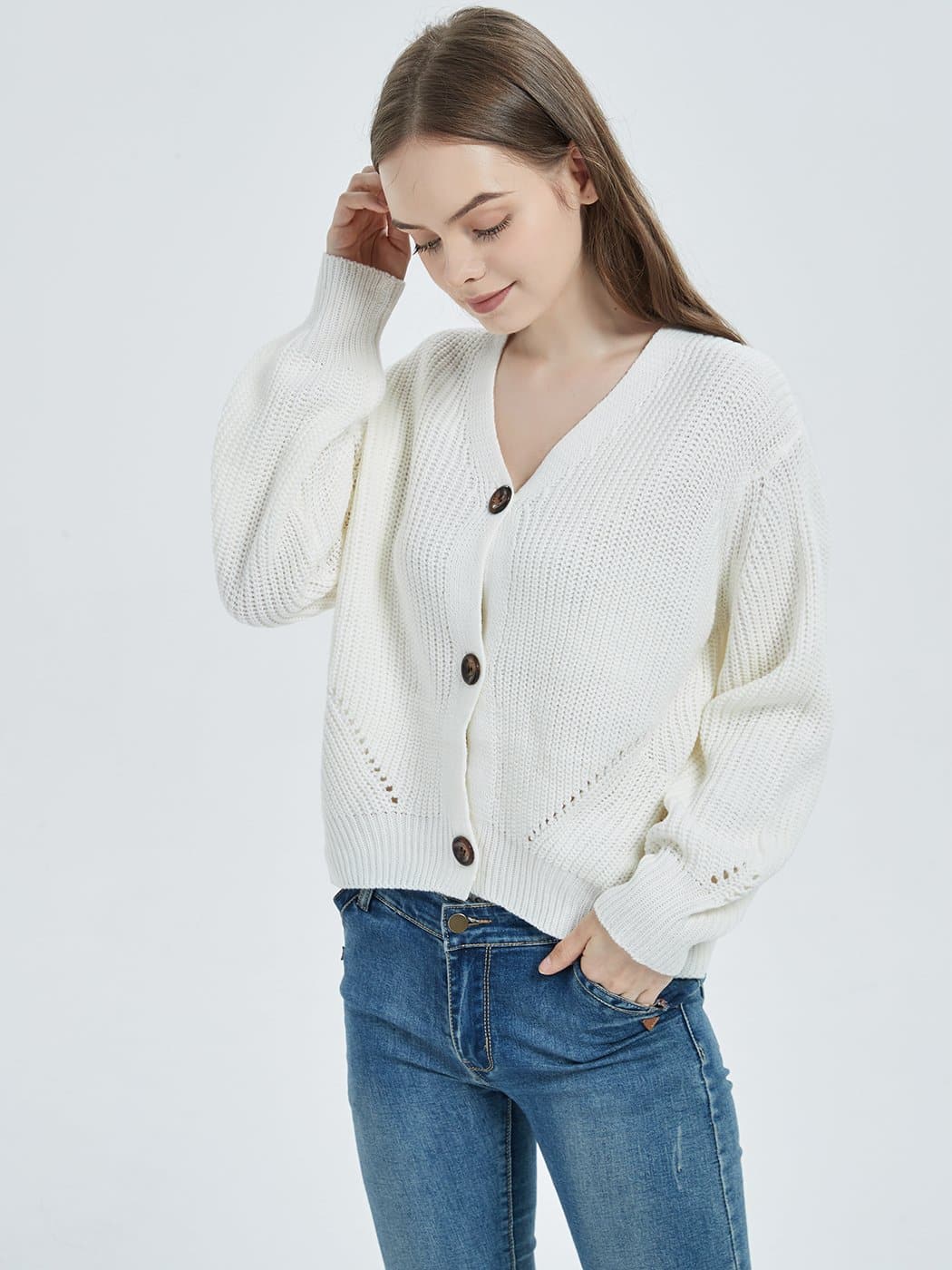 Women Lantern Sleeve Cardigan Button Down Open Front Knit Sweater Coat