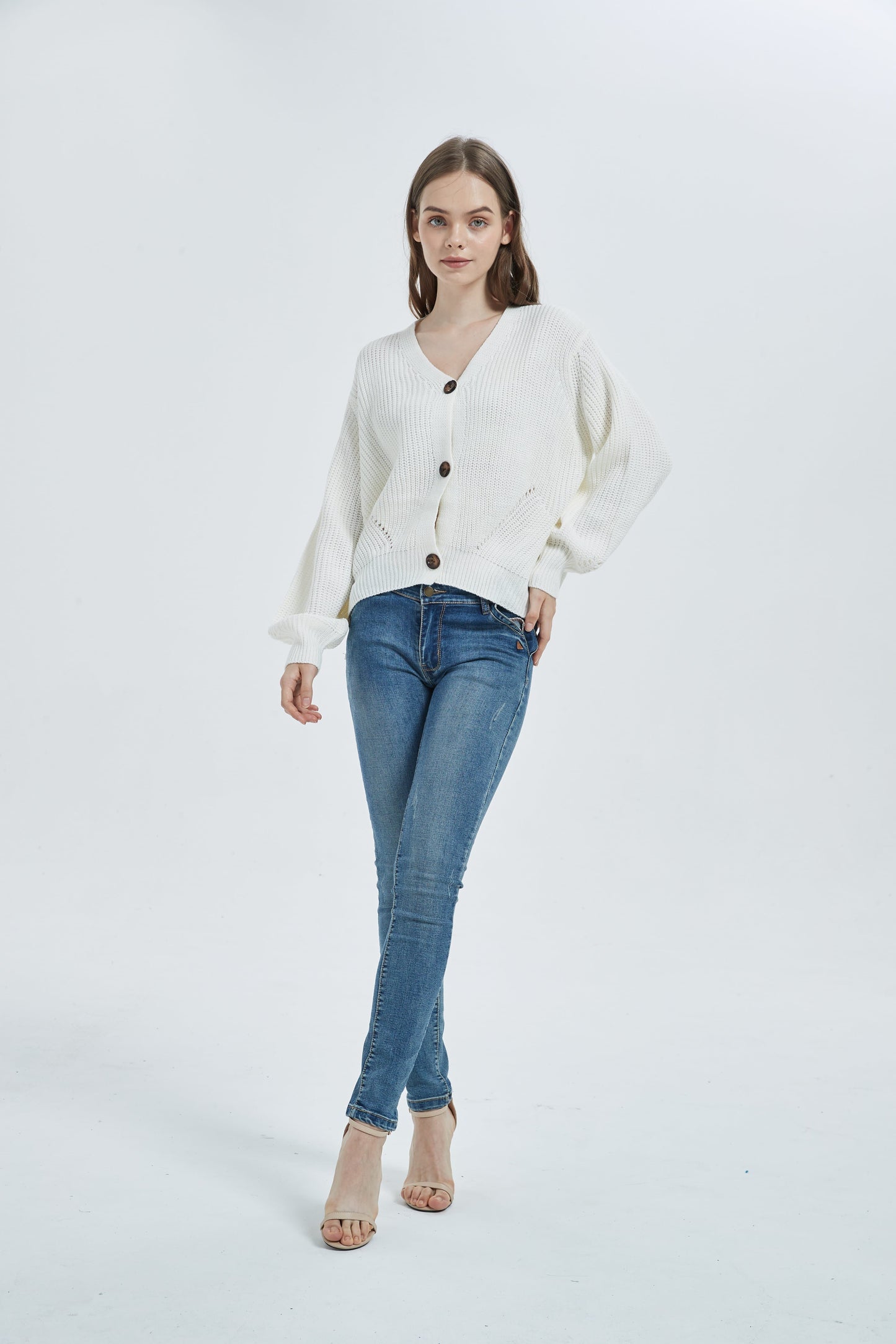 Women Lantern Sleeve Cardigan Button Down Open Front Knit Sweater Coat