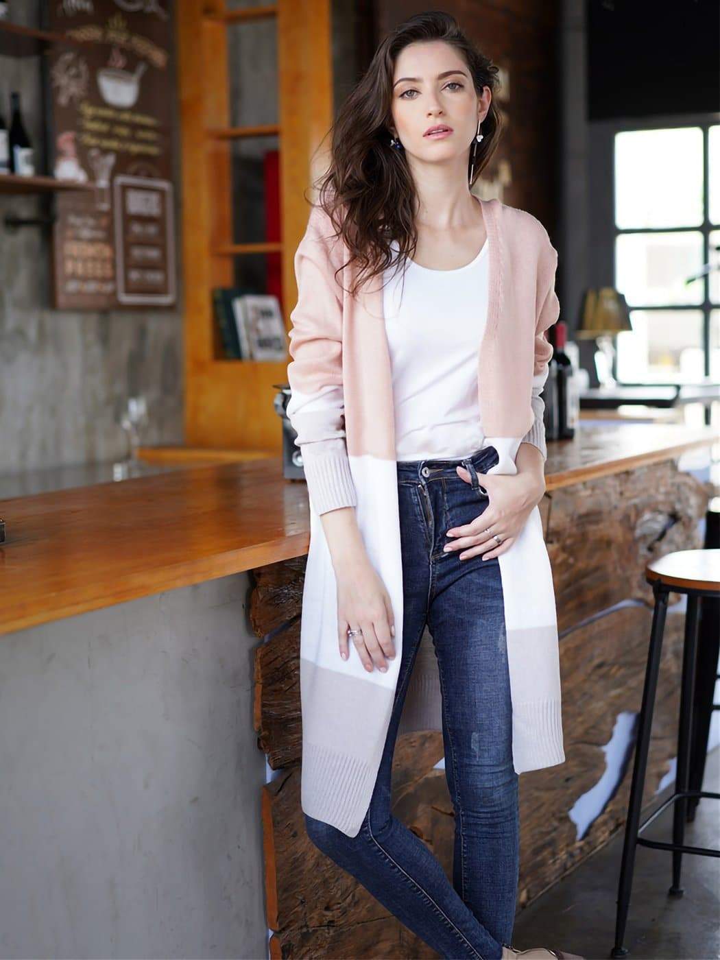 Long Sleeve Open Front Casual Knit Sweaters Coat Soft Outwear Striped Draped Kimono Cardigan